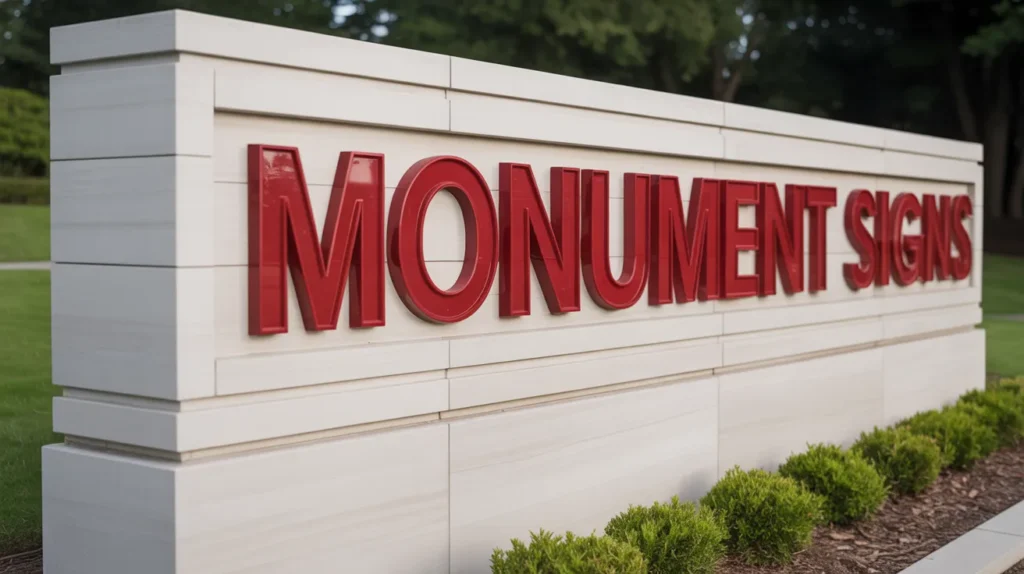 Monument sign with red letters than read "MONUMENT SIGNS"