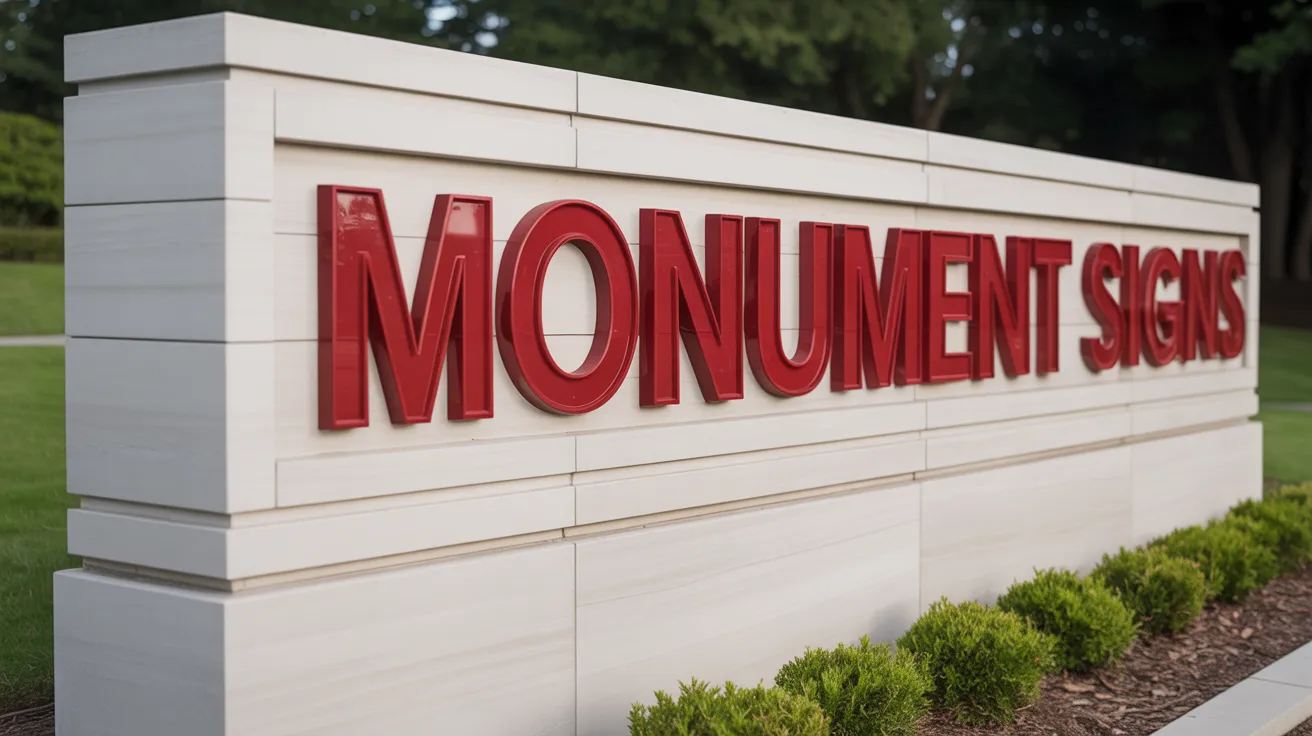 Monument sign with red letters than read "MONUMENT SIGNS"